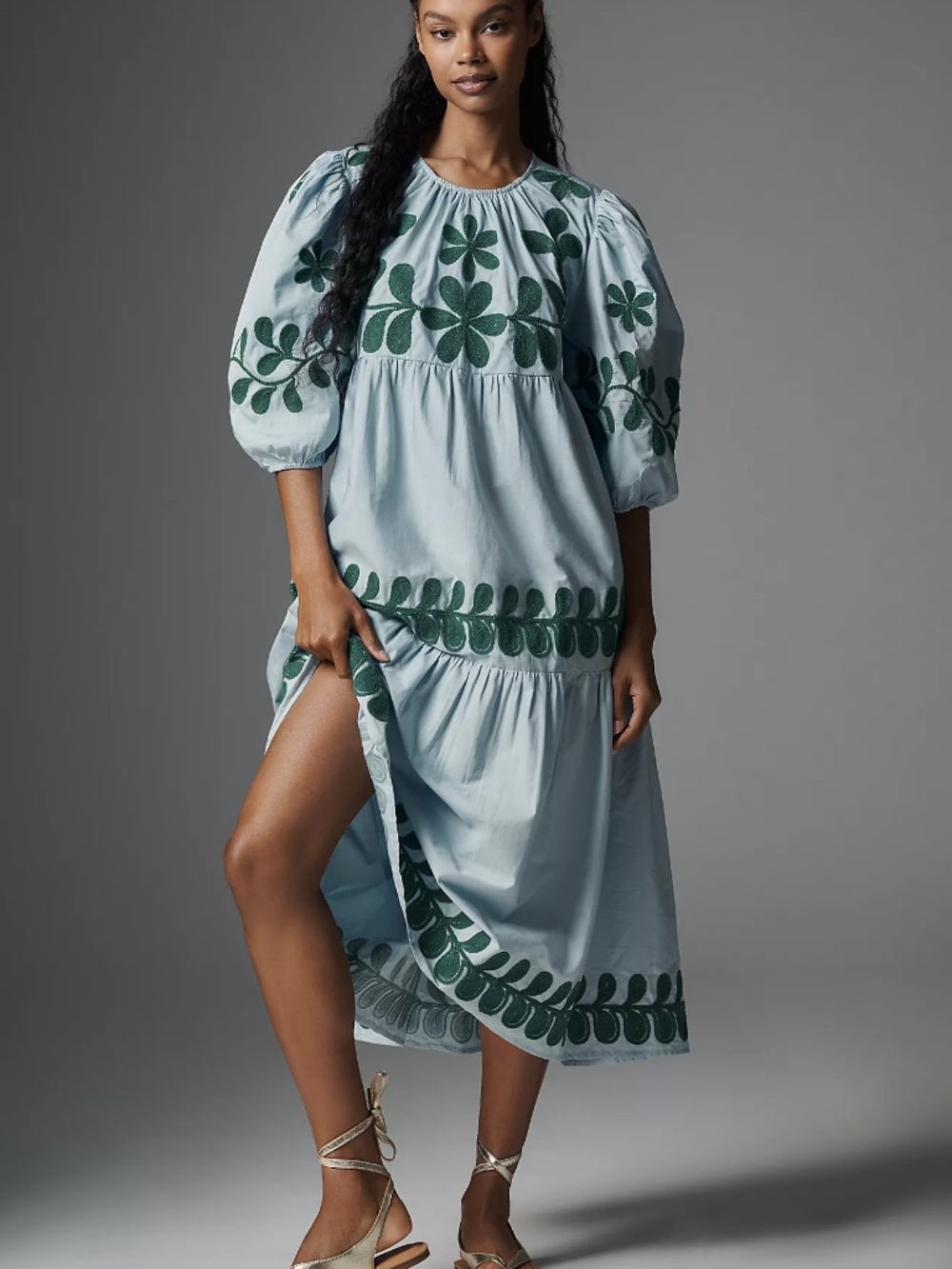 By Anthropologie Embroidered Puff Sleeve Midi Dress